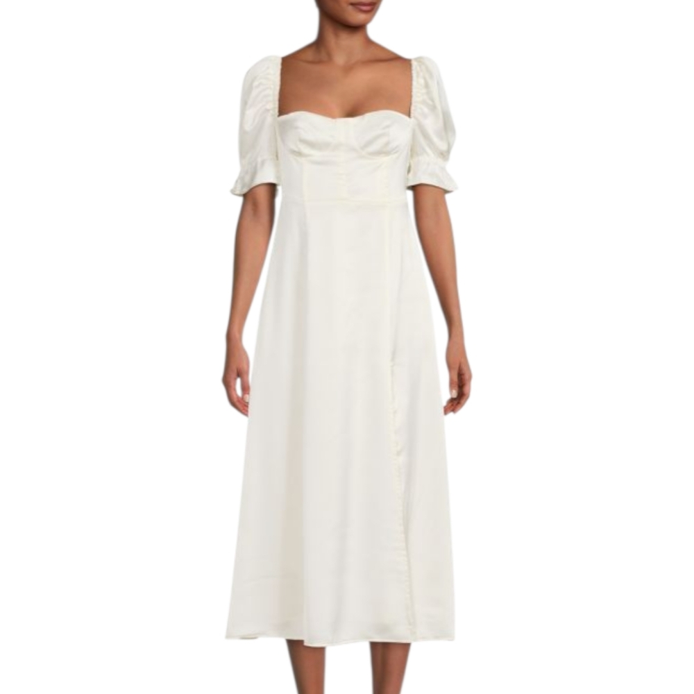 Elegant Ivory Puff-Sleeve Midi Dress